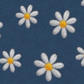 Stitched Embroidered Daisy Flowers on Navy Blue Denim 