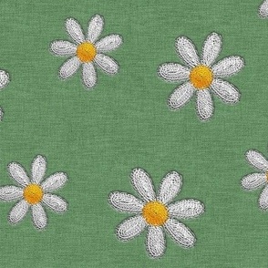 Stitched Embroidered Daisy Flowers on Green Denim 