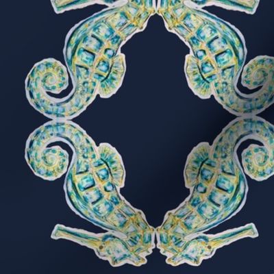 Painted Seahorse Pattern09, on a Dark Blue Background