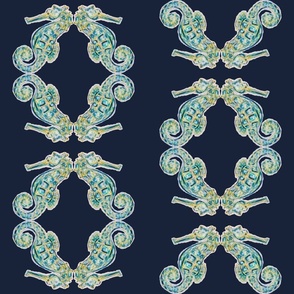 Painted Seahorse Pattern09, on a Dark Blue Background