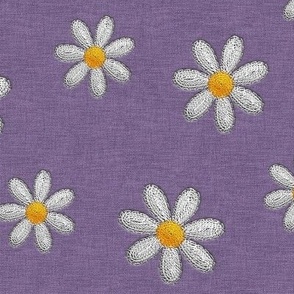 Stitched Embroidered Daisy Flowers on Lilac Purple Denim 