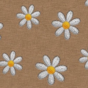 Stitched Embroidered Daisy Flowers on Neutral Light Brown Denim 