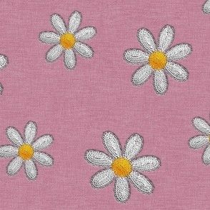 Stitched Embroidered Daisy Flowers on Pink Denim 