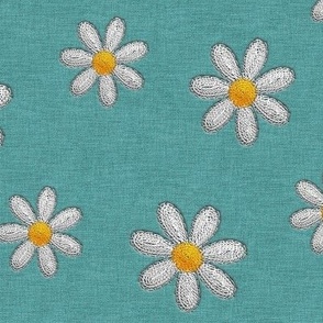 Stitched Embroidered Daisy Flowers on Verdigris Green Denim 