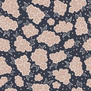 Hand drawn cute ditsy floral toss warm beige flowers on navy blue