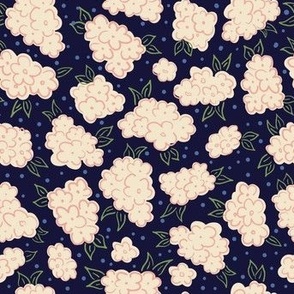 Hand drawn cute ditsy floral toss pinkish flowers on midnight blue