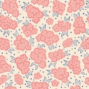 Hand drawn cute ditsy floral toss pink flowers on cream white with red and navy blue accents