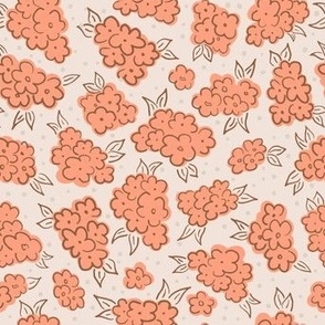 Hand drawn cute ditsy floral toss peach pink flowers on cream white