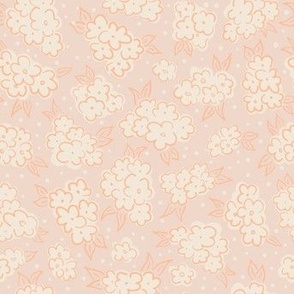 Hand drawn cute ditsy floral toss cream white flowers on pale pink with peach accents, nursery