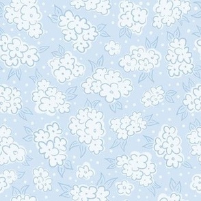 Hand drawn cute ditsy floral toss cloud white flowers on baby blue, nursery