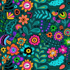 bright  colorful mexican art style floral botanical nature design with flowers berries twigs branches leaves butterflies birds bees-on viridian dark teal background