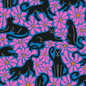 black jaguar and pink flowers- wild big black cats and  pink orange modern abstract flowers design 