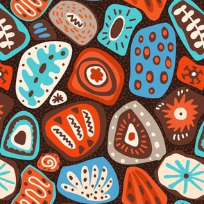 rock the world- boho hand drawn in earthy red blue aqua turquoise brown terracotta beige and rust tones abstract whimsical shapes, blobs brushstrokes, like bohemian painted rocks, gravel, pebble