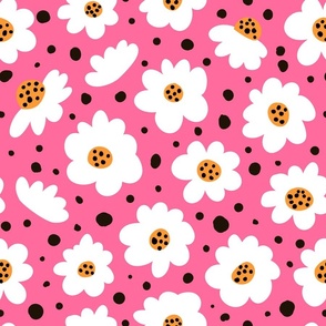 white daisies flowers on pink dotted background