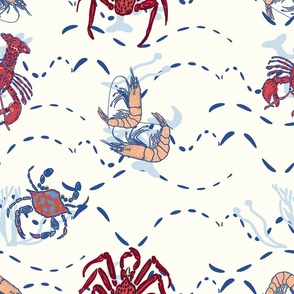 Crab Lobster and Shrimp in the waves  blue white