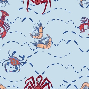 Crab Lobster and Shrimp in the waves dark blue on blue
