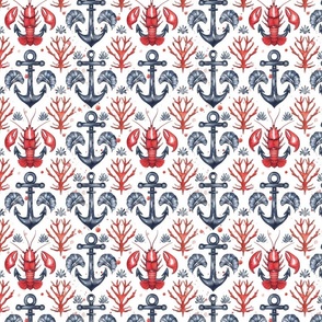 Nautical Lobster Anchor Coral Seashell Themed Pattern Design