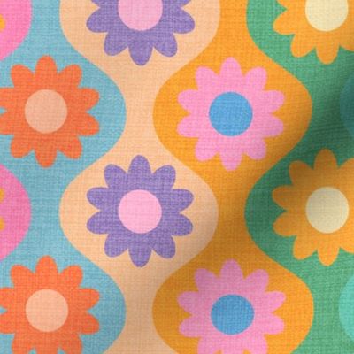 Groovy Vibes only - retro hippie colorful curvy groovy ogee and  daisy flowers in rainbow colors- in pink teal blue beige purple yellow colors- vintage rustic textured