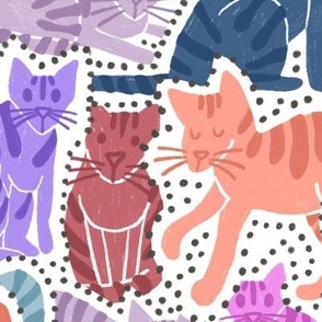 Adorable Cat Illustration Crowded Pattern in Blue Colors with Orange – Medium scale