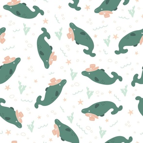 (M) Cowboy Dolphins - Dusty Teal and Pastel Apricot Green Western Kids Nursery Funny Animals Ocean Life Coastal 