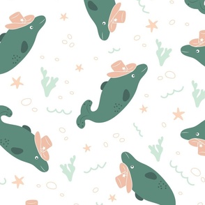 (L) Cowboy Dolphins - Dusty Teal and Pastel Apricot Green Western Kids Nursery Funny Animals Ocean Life Coastal 