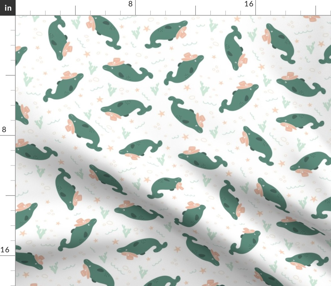 (S) Cowboy Dolphins - Dusty Teal and Pastel Apricot Green Western Kids Nursery Funny Animals Ocean Life Coastal 