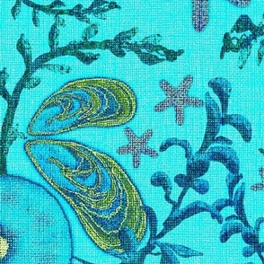 24” repeat half drop Sea urchins, mussels and starfish with seaweed, handdrawn damask with faux woven texture in turquoise hues  with pink and yellow