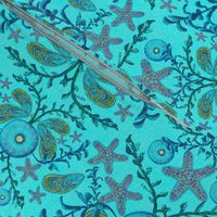 12” repeat half drop Sea urchins, mussels and starfish with seaweed, handdrawn damask with faux woven texture in turquoise hues  with pink and yellow