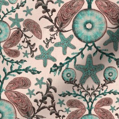 12” repeat half drop Sea urchins, mussels and starfish with seaweed, handdrawn damask with faux woven texture in heritage colours of brown, teal, turquoise and beige