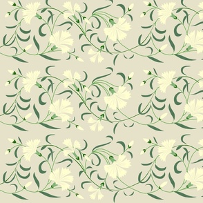 1886 Floral Stripe Off White Green and Yellowed Gray