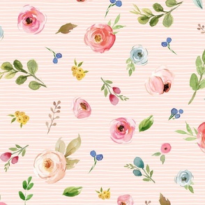 XL Woodland Flowers (baby pink stripe) - Pink Peach Blue Floral
