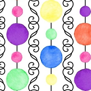Medium Bright Watercolor Strings of Party Beads and Scrolls on White
