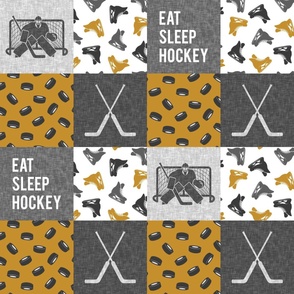 Eat Sleep Hockey - Hockey Goalie Patchwork - Hockey Skates Sports Wholecloth - Mustard Gold  - LAD24