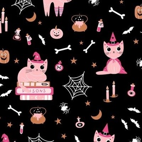 Cute Halloween cats in hot pink and white on midnight black