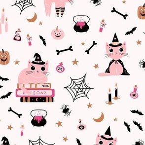 Cute Halloween cats in hot pink and black on off white