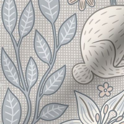 Rabbits and Lilies (24") - light warm grey