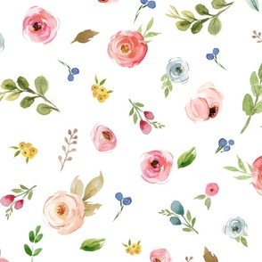 XL Woodland Flowers (white) - Pink Peach Blue Floral