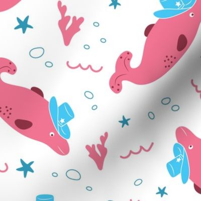 (M) Cowboy Dolphins - Pink and Sky Blue Western Kids Nursery Funny Animals Ocean Life Coastal