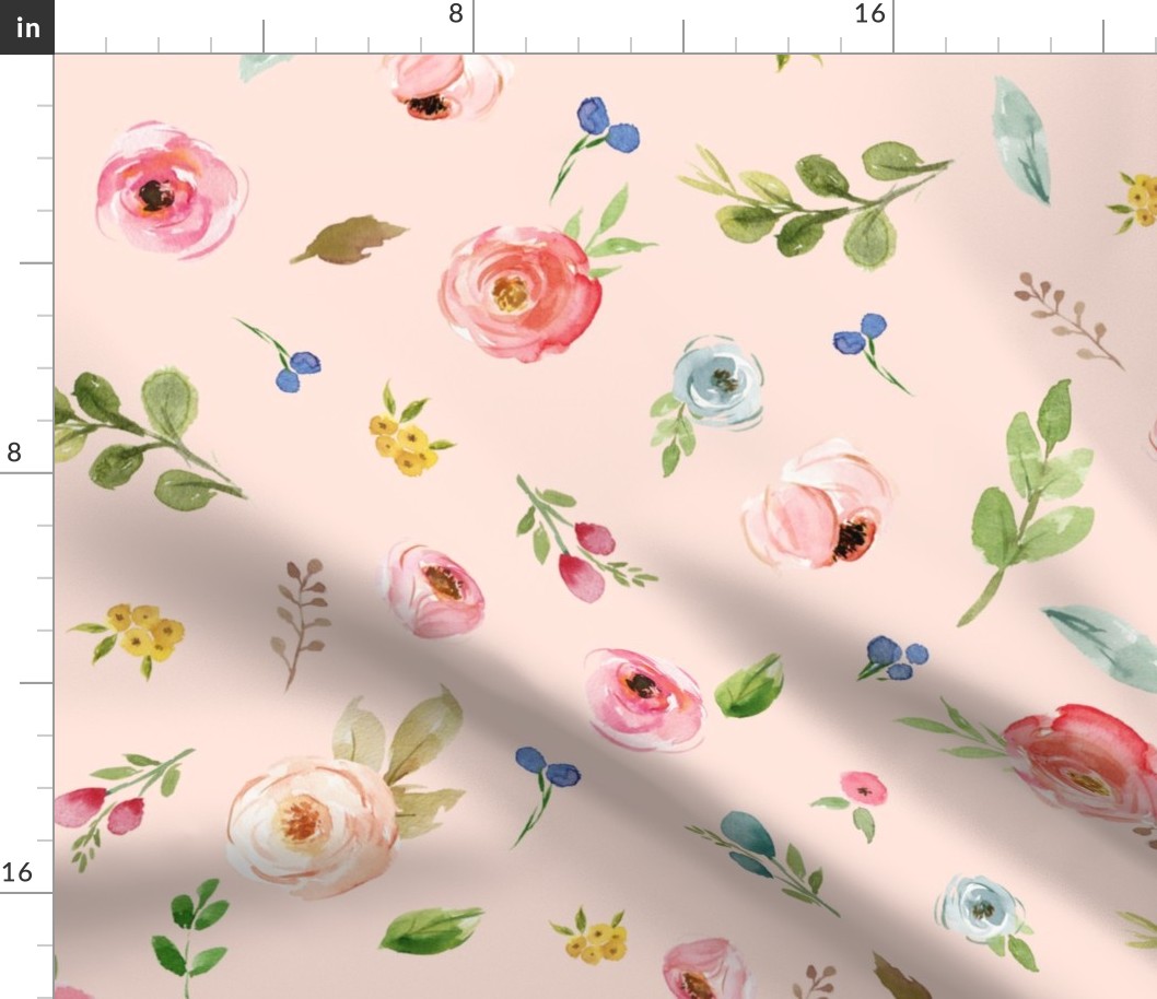 XL Woodland Flowers (baby pink) - Pink Peach Blue Floral