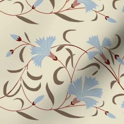 1886 Floral Stripe Blue Gray and Brown on Beige