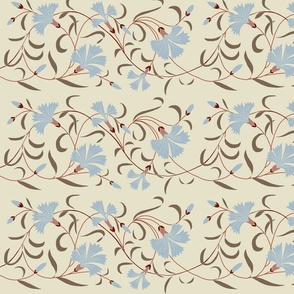 1886 Floral Stripe Blue Gray and Brown on Beige