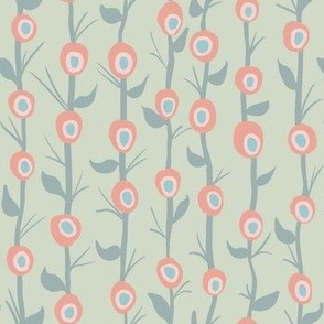 (S) Pink Button Flowers Vines On Mint Green