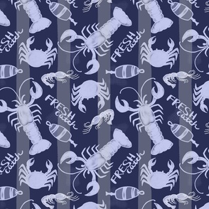 Fresh Catch - Cool White Crustaceans on Nautical Blue and Gray, vertical stripes