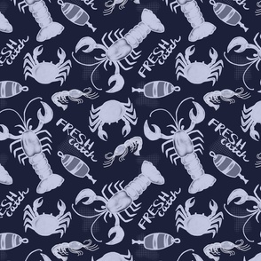 Fresh Catch-Icy Cool, White Crustaceans on Nautical Navy Blue-monochrome