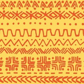 large - Bogolan tribal stripes - mudcloth fabric - red orange on canary yellow