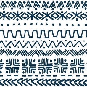 large - Bogolan tribal stripes - mudcloth fabric - Prussian blue on white