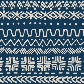 large - Bogolan tribal stripes - mudcloth fabric - swan light beige on prussian blue