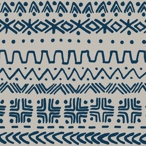 large - Bogolan tribal stripes - mudcloth fabric - Prussian blue on moonstruck gray beige