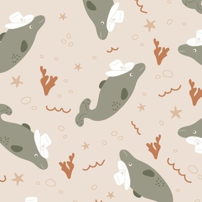 (L) Cowboy Dolphins - Sage Green and Sand Beige Earth Tones Muted Colors Western Kids Nursery Funny Animals Ocean Life Coastal