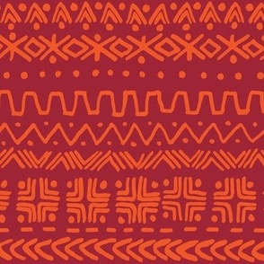 large - Bogolan tribal stripes - mudcloth fabric - red orange on scarlet red